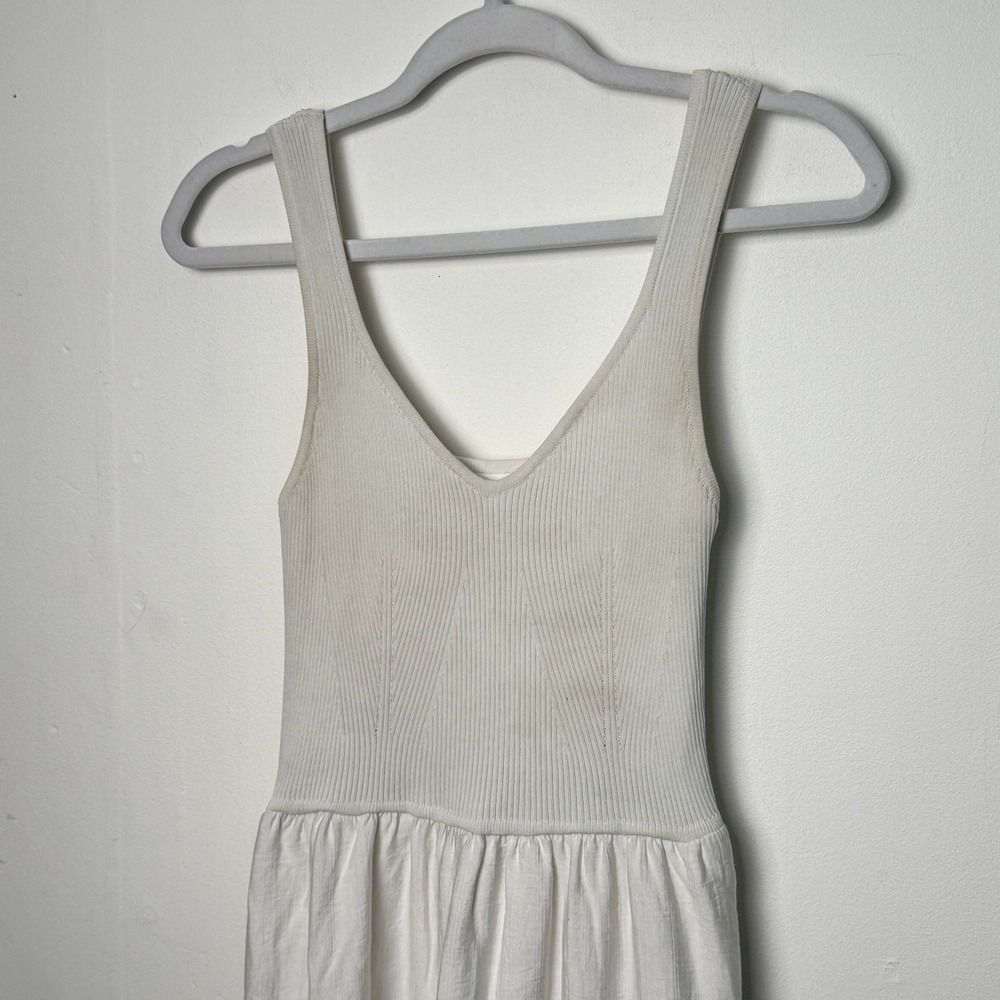 &merci White V-Neck Ribbed Knit Mixed Media Tiered Maxi Dress with Pockets M - Picture 2 of 8